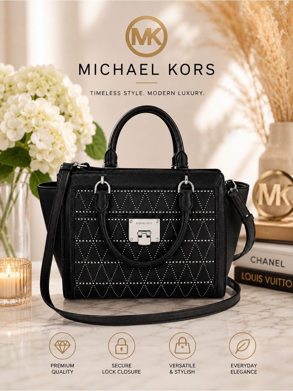 Michael Kors Tina Studded Satchel in Black with Geometric Perforated Design